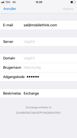 Indtast Exchange e-mail oplysninger og vælg Næste