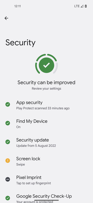 To activate your screen lock, go to the Security menu and select Screen lock