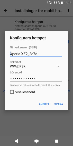 Ange ett lösenord för Wi-Fi-hotspoten, bestående av minst 8 tecken och välj SPARA