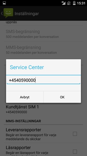 Ange Service Center-numret och välj OK
