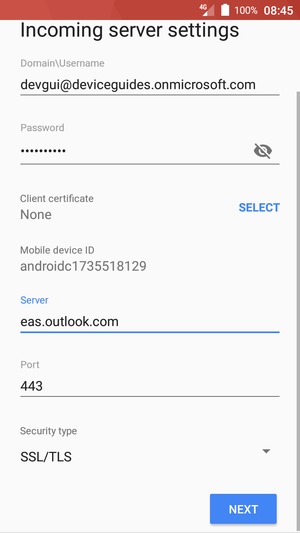 Enter Username and Exchange server address. Select NEXT