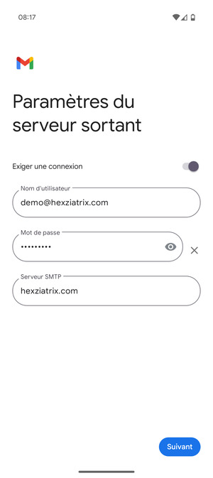 Saisissez l'adresse du serveur sortant et sélectionnez Suivant