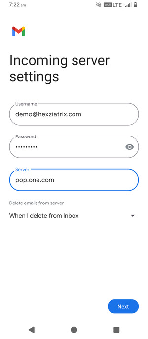 Enter Username and Incoming server address. Select Next