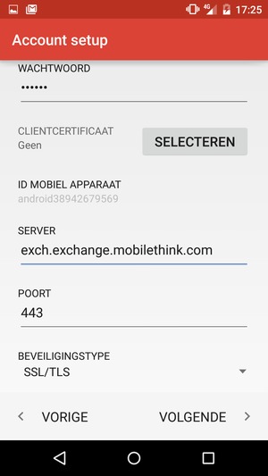 Scroll naar beneden en voer Exchange serveradres in. Selecteer VOLGENDE