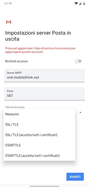 Seleziona Nessuno e AVANTI