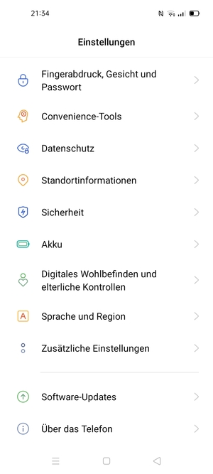 Um Ihre Bildschirmsperre zu aktivieren, gehen Sie zum Einstellungen Menü und wählen Sie  Fingerabdruck, Gesicht und Passwort
