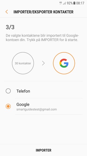 Velg Google og velg IMPORTER