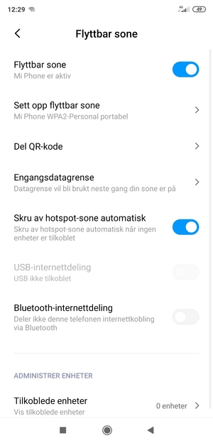 Telefonen din er konfigurert for bruk som et modem