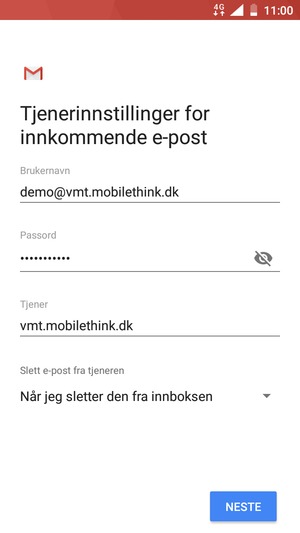 Skriv inn Brukernavn og innkommende serveradresse. Velg NESTE