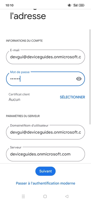 Saisissez votre Nom d'utilisateur et l'adresse du serveur Exchange. Sélectionnez Suivant