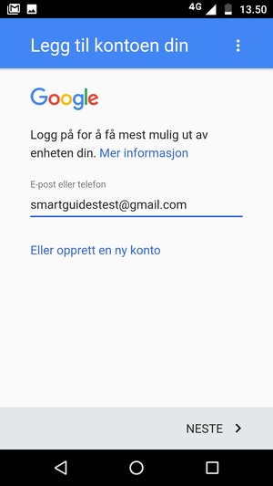 Skriv inn din Gmail-adresse og velg NESTE