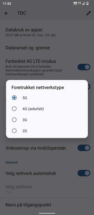 Velg ønsket alternativ