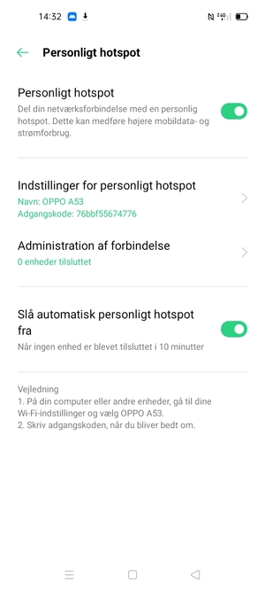 Din telefon er nu sat op til brug som modem