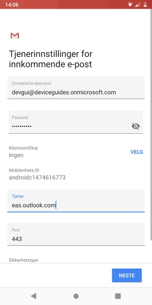 Skriv inn Brukernavn og Exchange serveradresse. Velg NESTE
