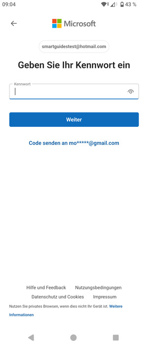Geben Sie Ihre Hotmail Passwort ein und wählen Sie Weiter
