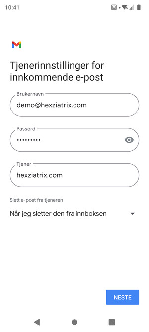 Skriv inn Brukernavn og innkommende serveradresse. Velg NESTE