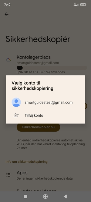 Vælg din sikkerhedskopi-konto