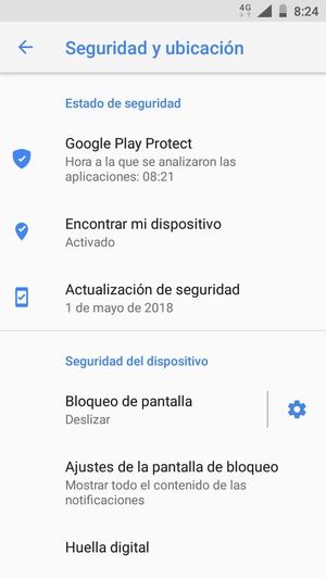 Para activar su bloqueo de pantalla, vaya al menú Seguridad y ubicación y seleccione Bloqueo de pantalla