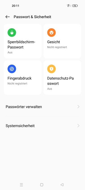 Um Ihre Bildschirmsperre zu aktivieren, gehen Sie zum Passwort & Sicherheit Menü und wählen Sie  Sperrbildschirm-Passwort