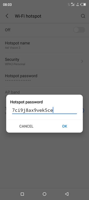 Enter a Wi-Fi hotspot password of at least 8 characters and select OK