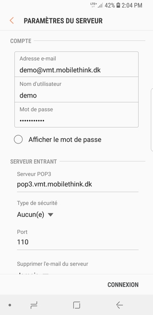 Saisissez votre Nom d'utilisateur et l'adresse du serveur entrant