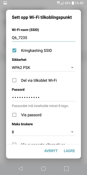 Skriv inn et passord på minst 8 tegn og velg LAGRE