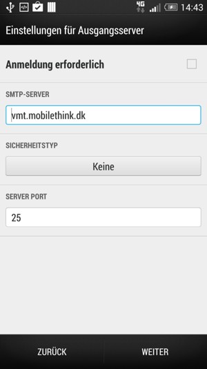 Geben Sie E-Mail-Informationen für Ausgangsserver-Einstellungen ein und wählen Sie WEITER