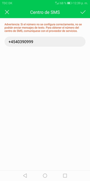 Introduzca el Centro de SMS y seleccione ACEPTAR