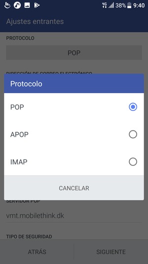 Seleccione POP o IMAP
