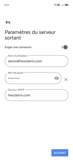 Entrez l'adresse du serveur Sortant et sélectionnez SUIVANT