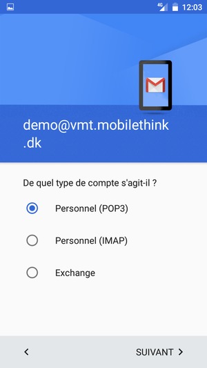 Sélectionnez Personnel (POP3) ou Personnel (IMAP) et sélectionnez SUIVANT