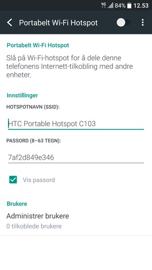 Skriv inn et passord på minst 8 tegn og slå på Portabelt Wi-Fi Hotspot