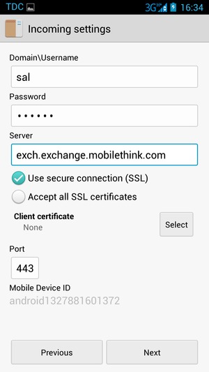 Enter Username and Exchange server address. Select Next