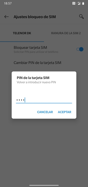 Confirme su nuevo PIN de tarjeta SIM y seleccione ACEPTAR