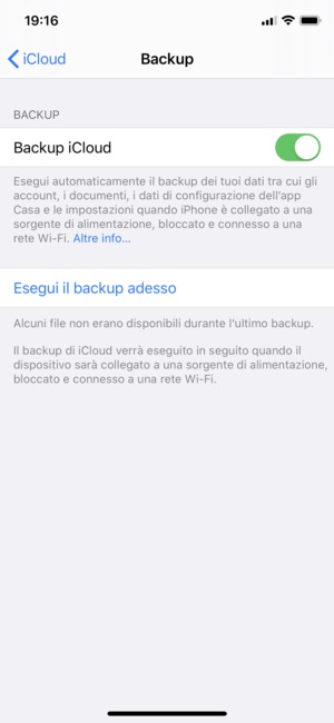 Imposta Backup iCloud su ON