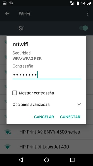 Introduzca la contraseña de Wi-Fi y seleccione CONECTAR
