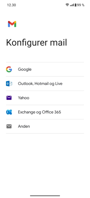 Vælg Exchange og Office 365