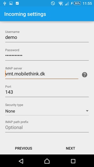 Enter Username and Incoming server address. Select NEXT
