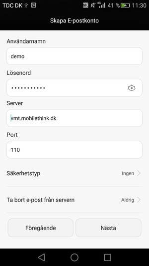 Ange Användarnamn och inkommande serveradress. Välj Nästa