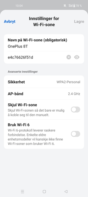 Skriv inn et Wi-Fi hotspot-passord på minst 8 tegn og velg Lagre