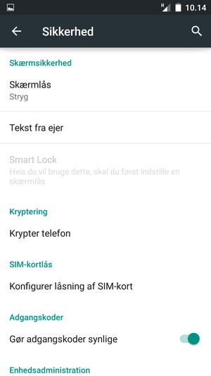 For at aktivere din skærmlås, gå til menuen Sikkerhed og vælg Skærmlås