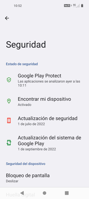 Para activar su bloqueo de pantalla, vaya al menú Seguridad y seleccione Bloqueo de pantalla
