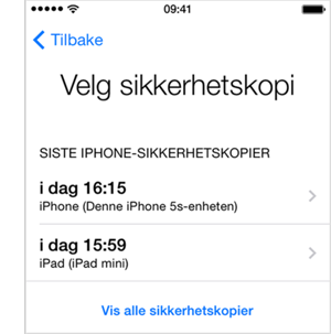 Velg den siste sikkerhetskopien fra listen og velg Gjenopprett