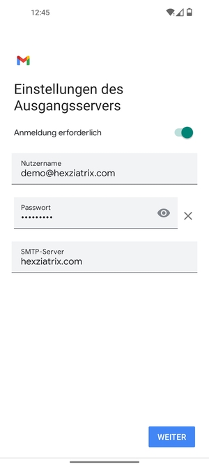 Geben Sie die Server-Adresse für ausgehende Post ein und wählen Sie WEITER