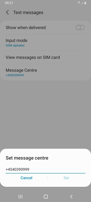 Enter the Message centre number and select Set