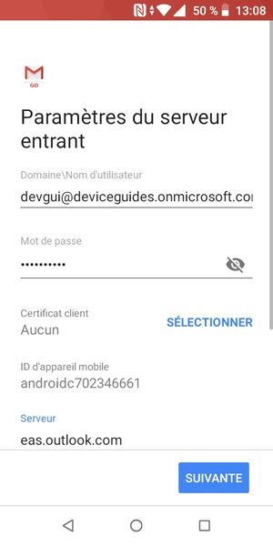 Saisissez votre Nom d'utilisateur et votre adresse du serveur Exchange. Sélectionnez SUIVANTE