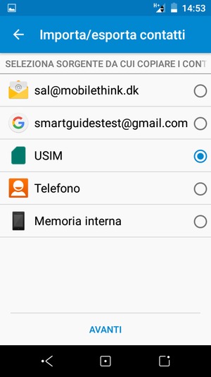 Seleziona la scheda SIM e poi AVANTI