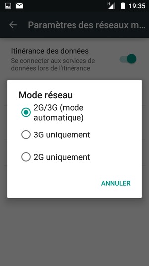 Sélectionnez 2G uniquement pour activer la 2G et 2G/3G (mode automatique) pour activer la 3G