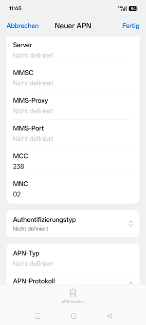 Scrollen Sie nach unten und geben Sie Internetinformationen ein