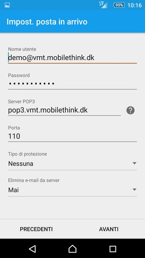 Inserisci Nome utente e l'indirizzo del server di posta in arrivo. Seleziona AVANTI